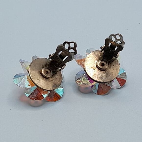 Vintage Aurora Borealis Clip-On Earrings Floral Crystal Beads 1950s Jewelry - Picture 9 of 11